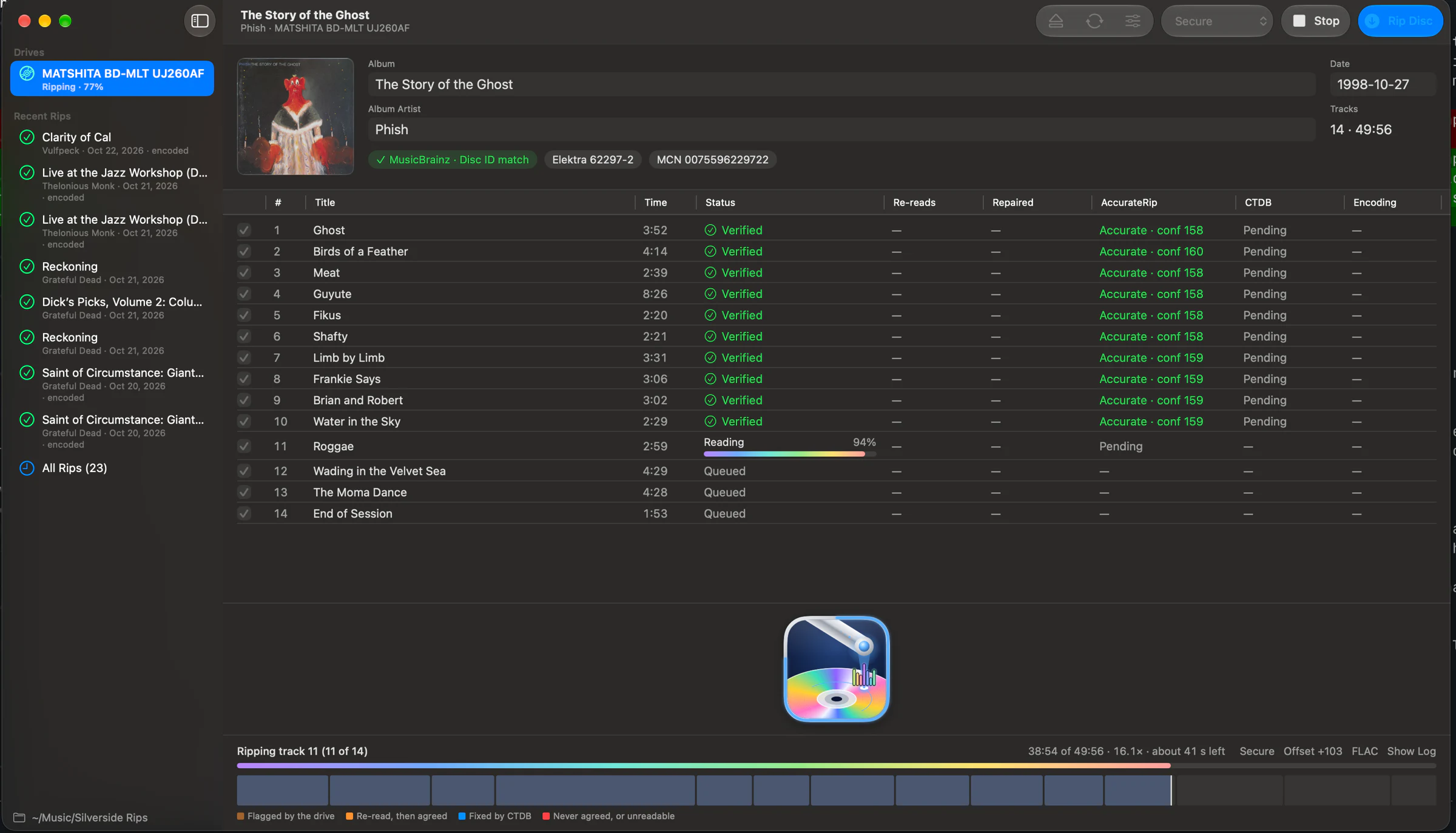 Silverside ripping Phish, The Story of the Ghost: ten tracks verified in AccurateRip, track 11 reading at 94 percent, and the track map filling in along the bottom