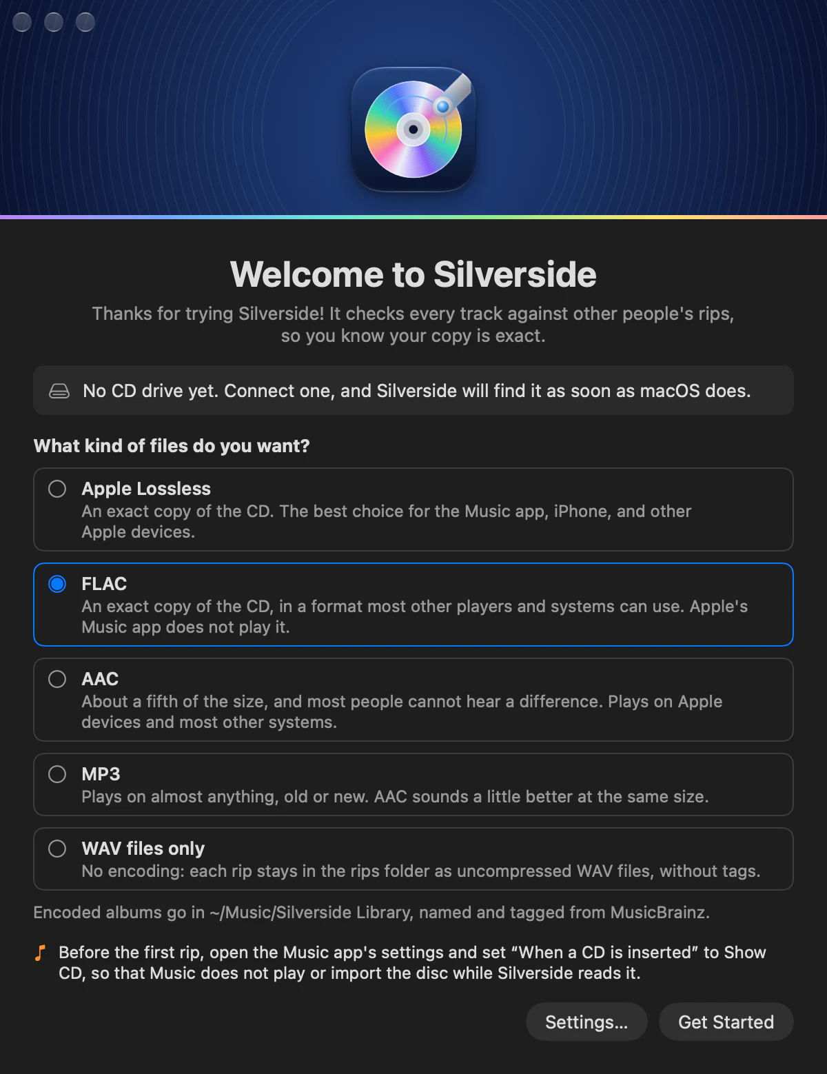 Silverside's welcome window asking what kind of files a rip should become: Apple Lossless, FLAC, AAC, MP3, or WAV files only